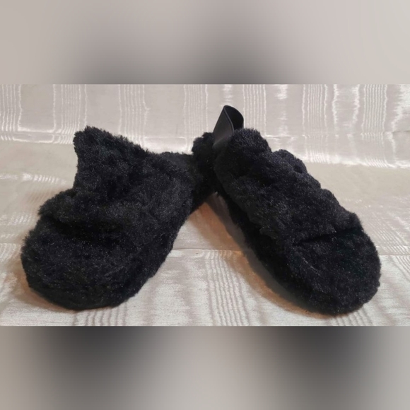 NWOT Ladies Slippers Faux Fur Fluffy Sliders Elastic Slingback Open Toe Slip On - Picture 2 of 6